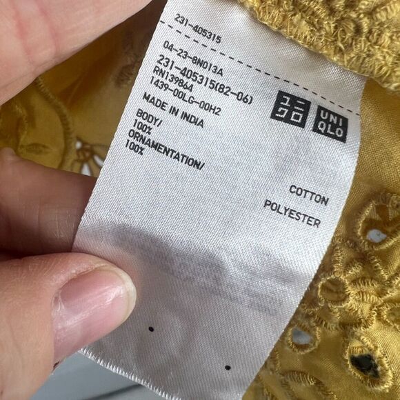 Uniqlo Vneck Wide Tank Sleeve Eyelet Scallop Hem Yellow Cotton Boho Top Sz Small - Picture 7 of 8